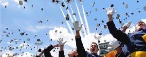 U.S. AIR FORCE ACADEMY, Colo. -- Cadets of the Air Force Academy Class of 2003 celebrate at graduation ceremonies here May 28 as the Air Force Thunderbirds fly overhead.  The 974 students marked the academy's 45th graduating class.  (U.S. Air Force photo by Danny Myers)