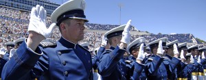 Cadet Bradley Dewees recites the oath of office along with his fellow U.S. Air Force Academy cadets on his way to becoming a second lieutenant during the graduation ceremony May 27 in Falcon Stadium. Lieutenant Dewees was the top graduate in the Class of 2009.     (U.S. Air Force photo / Dennis Rogers)